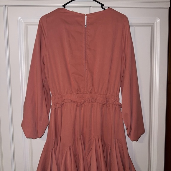 Mainstrip Peach Pink Long Sleeve Smocked Waist Ruffle Mini Dress – Size M - Picture 12 of 12